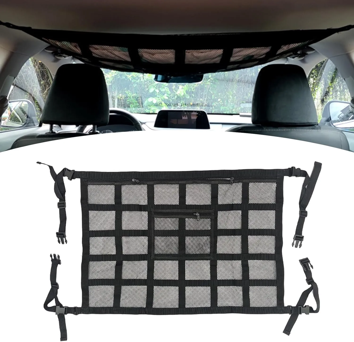 1 PC Car Roof Storage Mesh Bag, 31.5" x 21.3" Reinforced Load Avoid Sagging Bearing Adjustable Double Layer Mesh Storage Bag, Ceiling Net Long Trip Organizer, Compatible with Cars (Black)