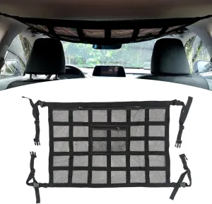 1 PC Car Roof Storage Mesh Bag, 31.5" x 21.3" Reinforced Load Avoid Sagging Bearing Adjustable Double Layer Mesh Storage Bag, Ceiling Net Long Trip Organizer, Compatible with Cars (Black)