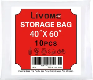 10 Pack 40 * 60 inches Clear Plastic Storage Bags Dustproof Moistureproof Jumbo Moving bag for Blanket Clothes and Big Plush Toys Luggage, Suitcase, Comforter, Chair, Kids Bike,Reusable(2Mil,Flat)