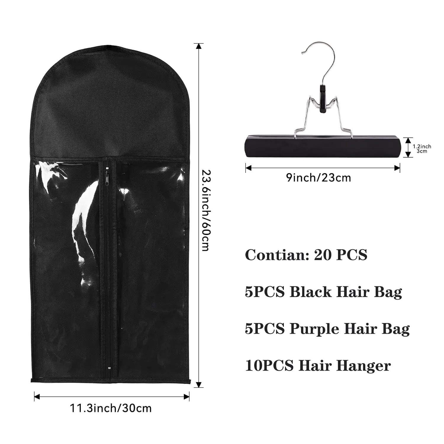 10 PCS Hair Extension Storage Wig Bags Storage with Hanger Wig Storage Bags Wig Bag Hair Extension Holder Dust-proof Portable Suit with Transparent Zip Up (5PCS BLACK   5PCS PURPLE)