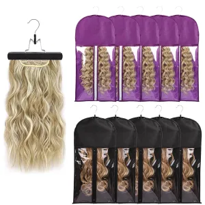 10 PCS Hair Extension Storage Wig Bags Storage with Hanger Wig Storage Bags Wig Bag Hair Extension Holder Dust-proof Portable Suit with Transparent Zip Up (5PCS BLACK   5PCS PURPLE)