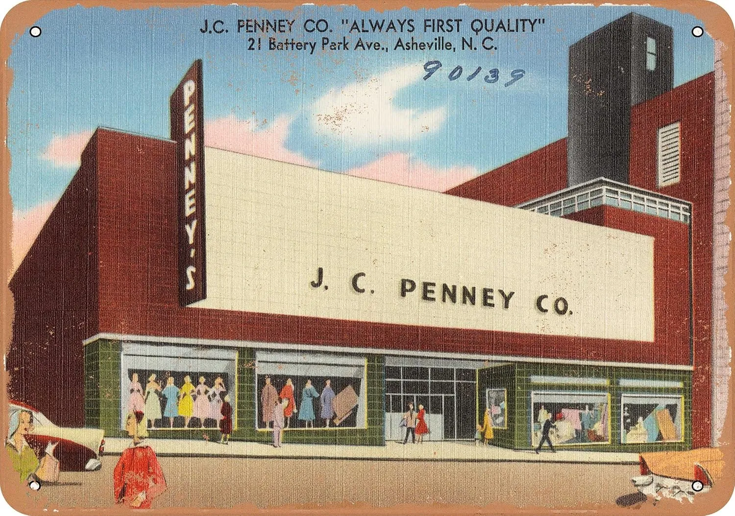 10 x 14 METAL SIGN - North Carolina Postcard - J.C. Penney Co. - Vintage Rusty Look