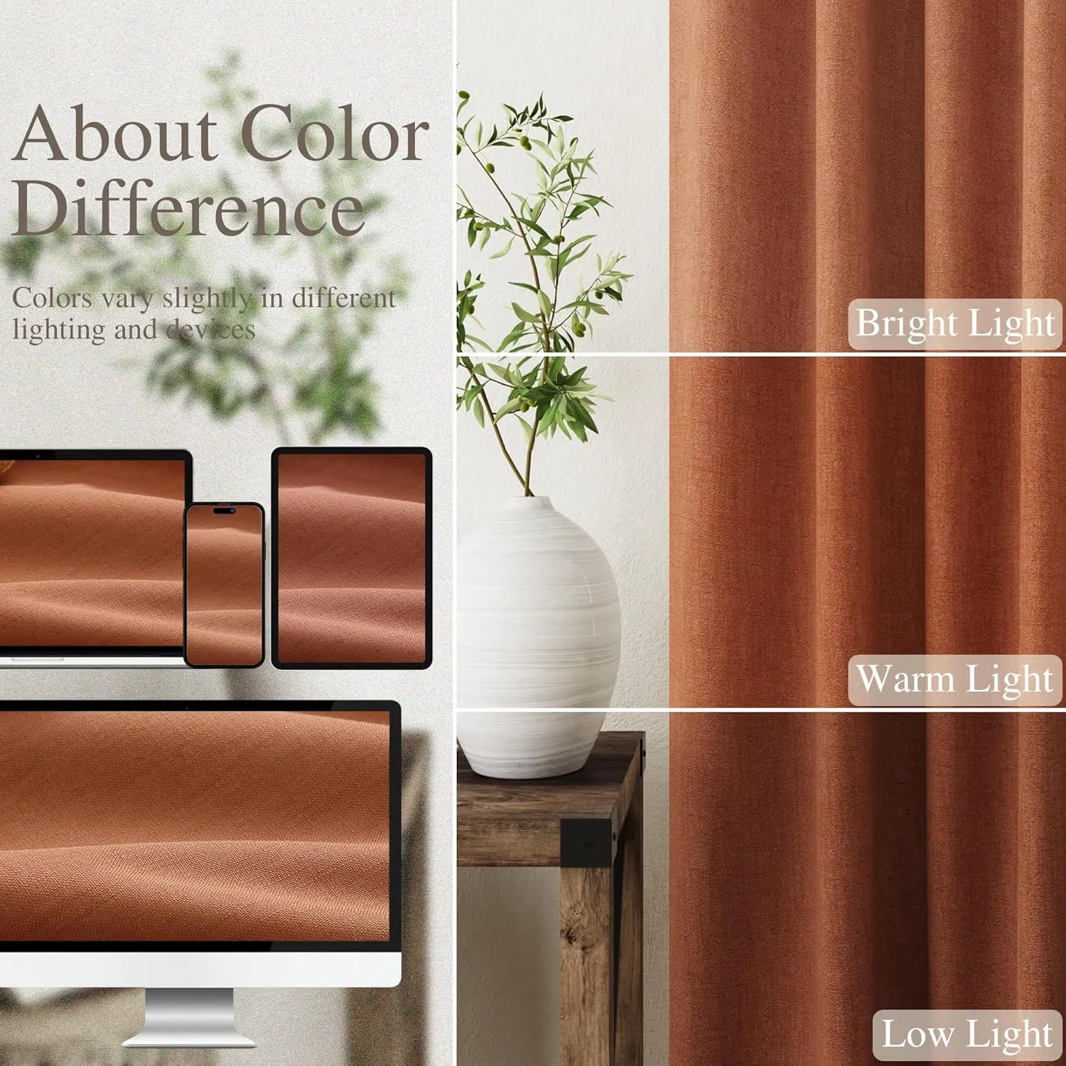100% Blackout Linen Curtains 84 Inch Length 2 Panels Terracotta Light Blocking Darkening Living Room Curtains 84 Inches Long Elegant Modern Back Tab Pocket Noise Reducing Drapes for Nursery 52X84