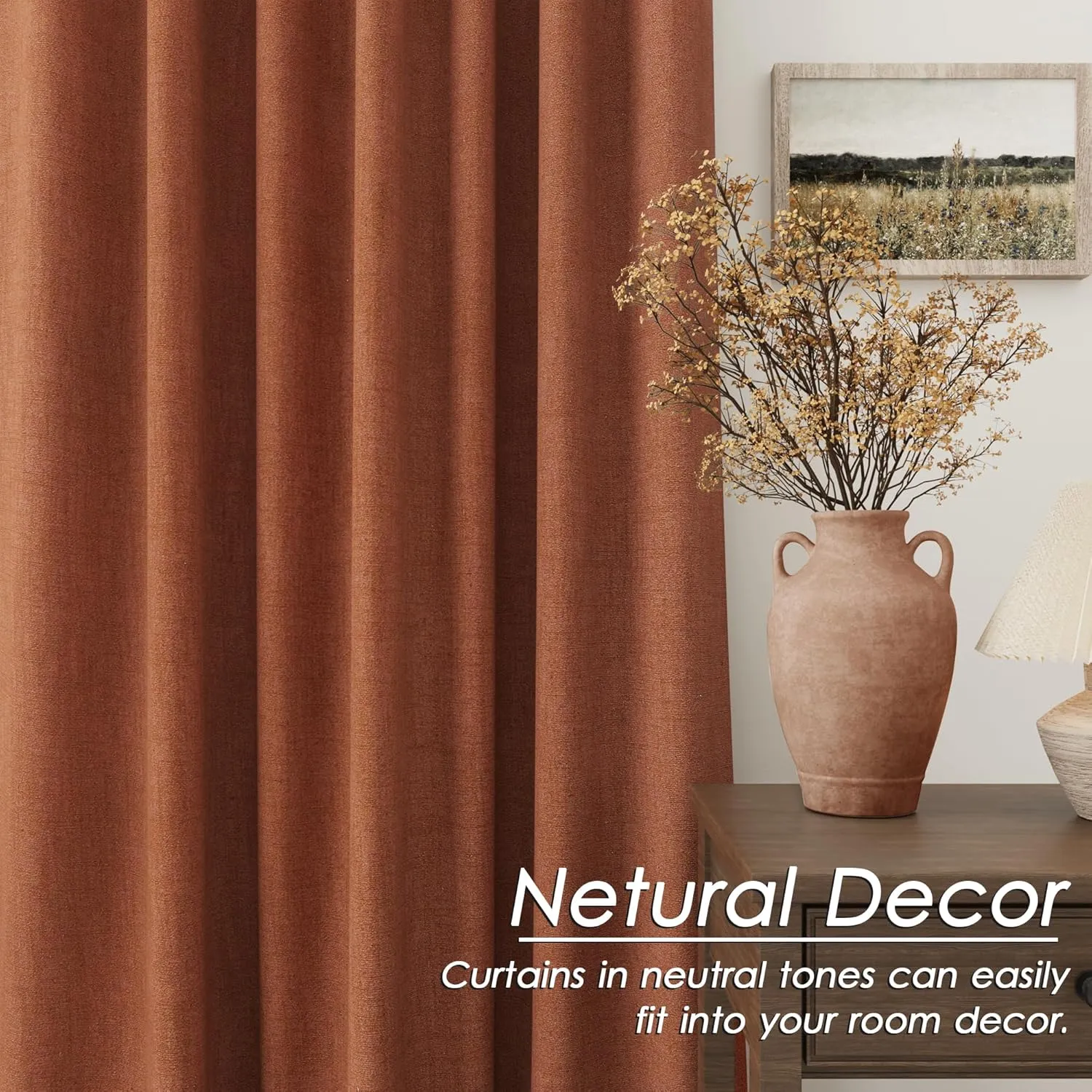 100% Blackout Linen Curtains 84 Inch Length 2 Panels Terracotta Light Blocking Darkening Living Room Curtains 84 Inches Long Elegant Modern Back Tab Pocket Noise Reducing Drapes for Nursery 52X84