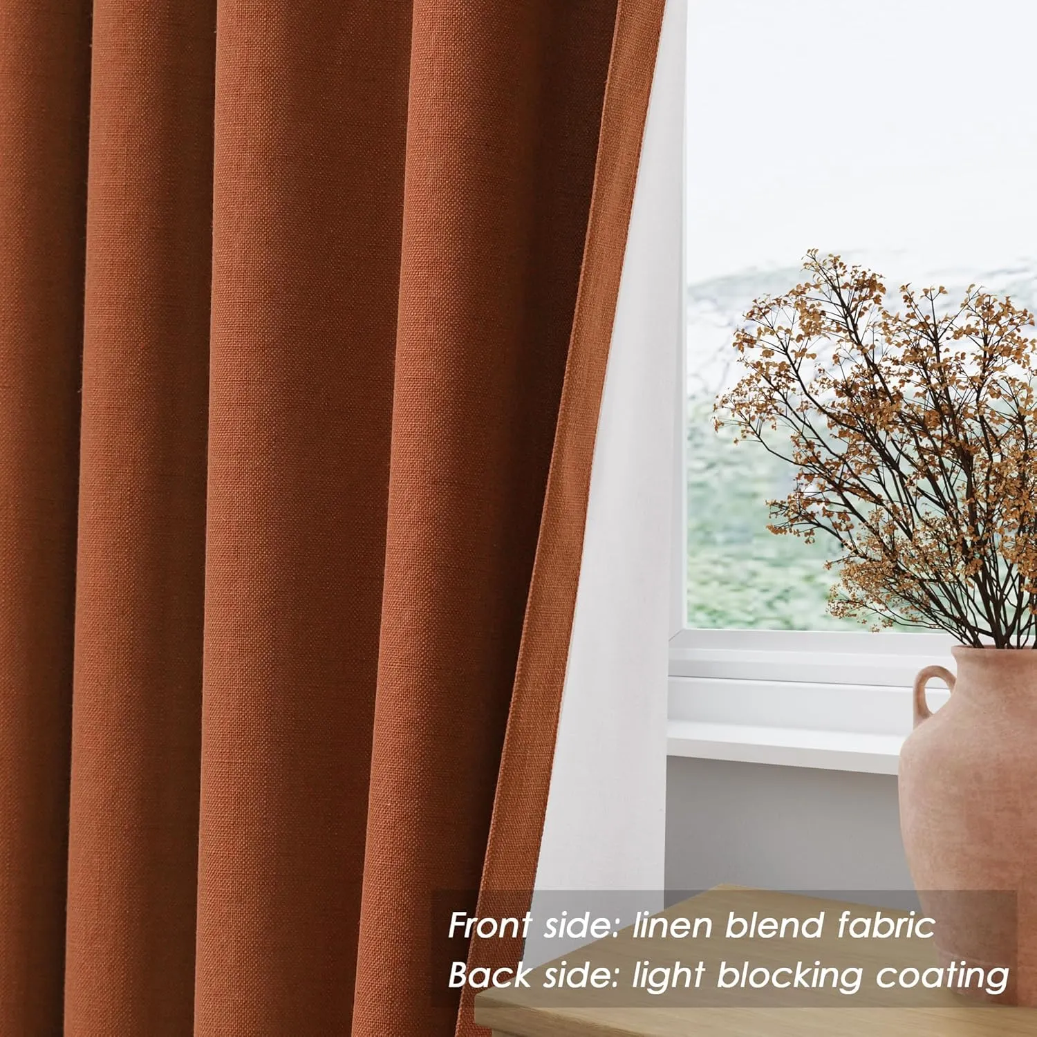 100% Blackout Linen Curtains 84 Inch Length 2 Panels Terracotta Light Blocking Darkening Living Room Curtains 84 Inches Long Elegant Modern Back Tab Pocket Noise Reducing Drapes for Nursery 52X84