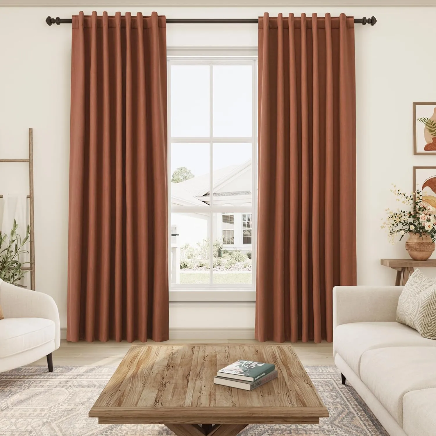100% Blackout Linen Curtains 84 Inch Length 2 Panels Terracotta Light Blocking Darkening Living Room Curtains 84 Inches Long Elegant Modern Back Tab Pocket Noise Reducing Drapes for Nursery 52X84