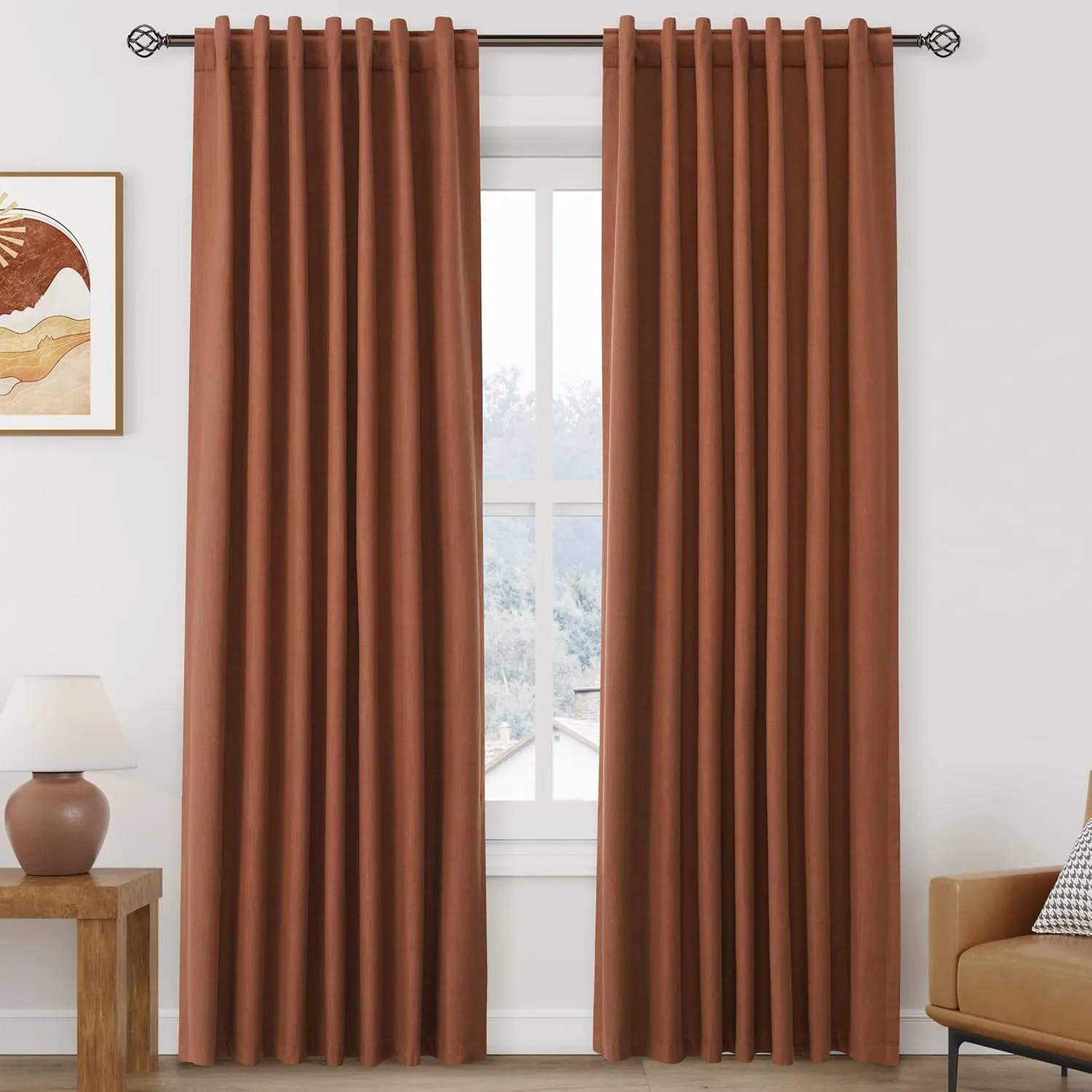 100% Blackout Linen Curtains 84 Inch Length 2 Panels Terracotta Light Blocking Darkening Living Room Curtains 84 Inches Long Elegant Modern Back Tab Pocket Noise Reducing Drapes for Nursery 52X84
