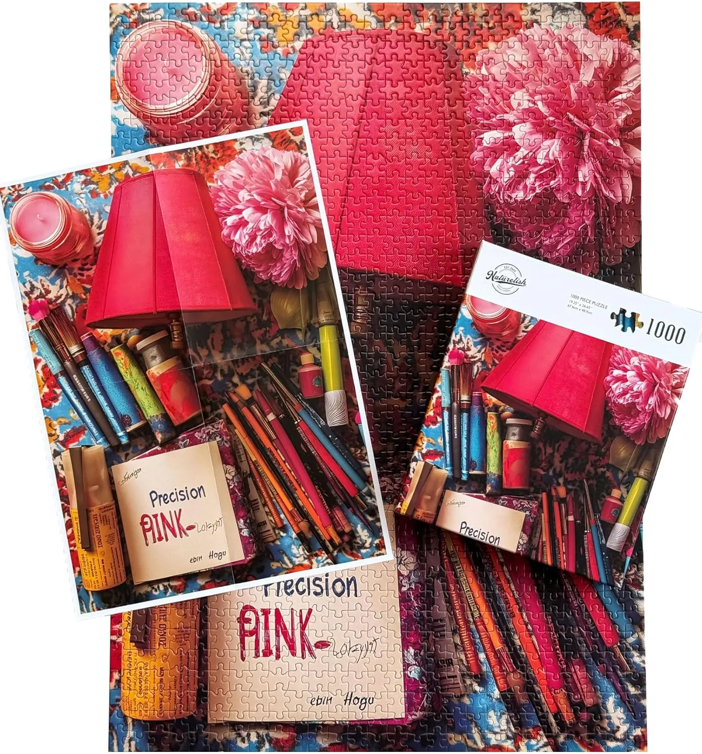 1000-Piece Adult Puzzle - Colorful Still Life Photography Style with Paintbrushes, Red Lamp & Pink Peony - Artistic & Challenging Modern-Style Jigsaw Puzzle for Adults, 19.25 x 26.65 in