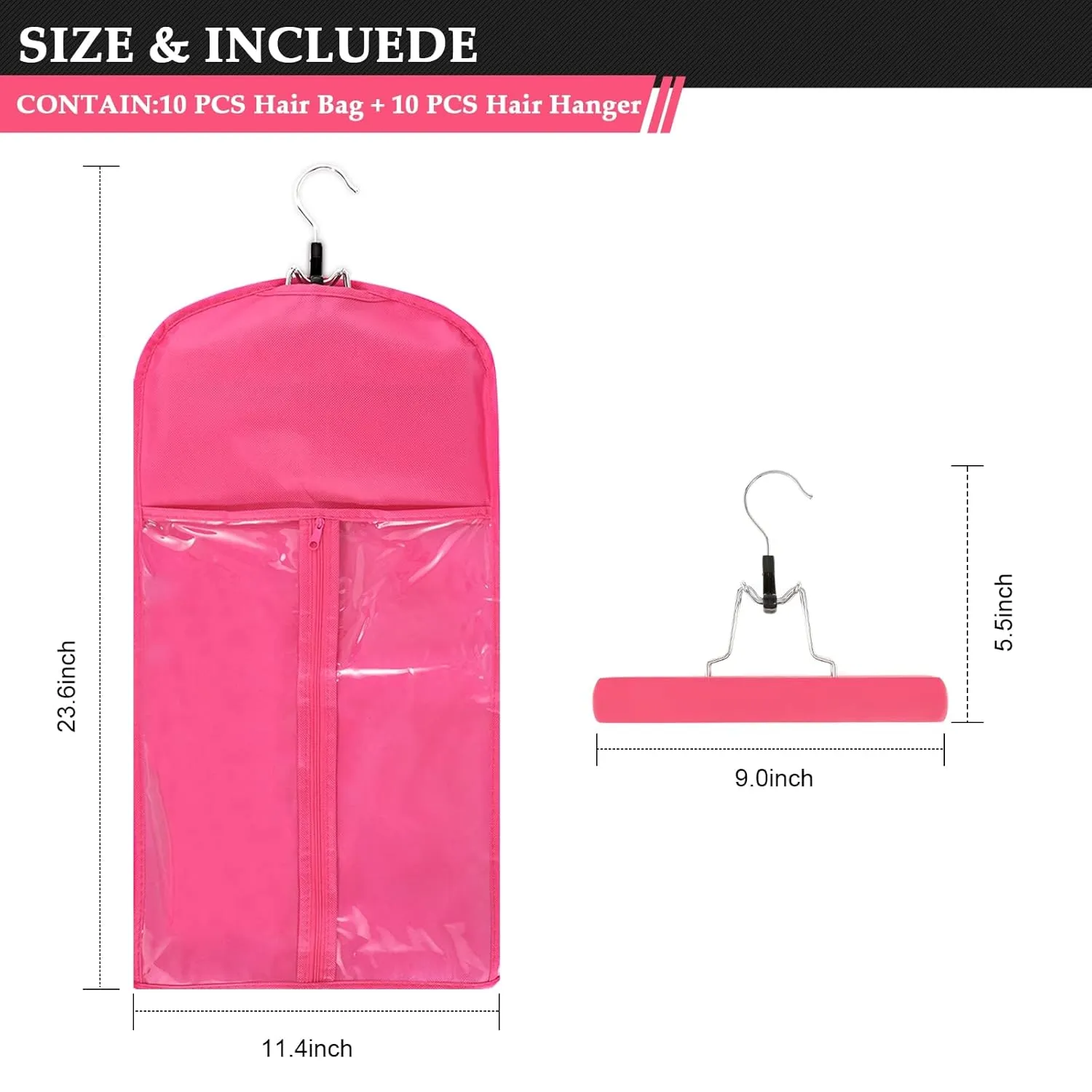 10pcs Hair Extensions Hanger Bags with Wooden Hanger Dust proof Wig Storage Bag Portable Hair Extension Storage Bag Strong Holder Wigs Carrier Bags with Transparent Zip Up Closure -Pink