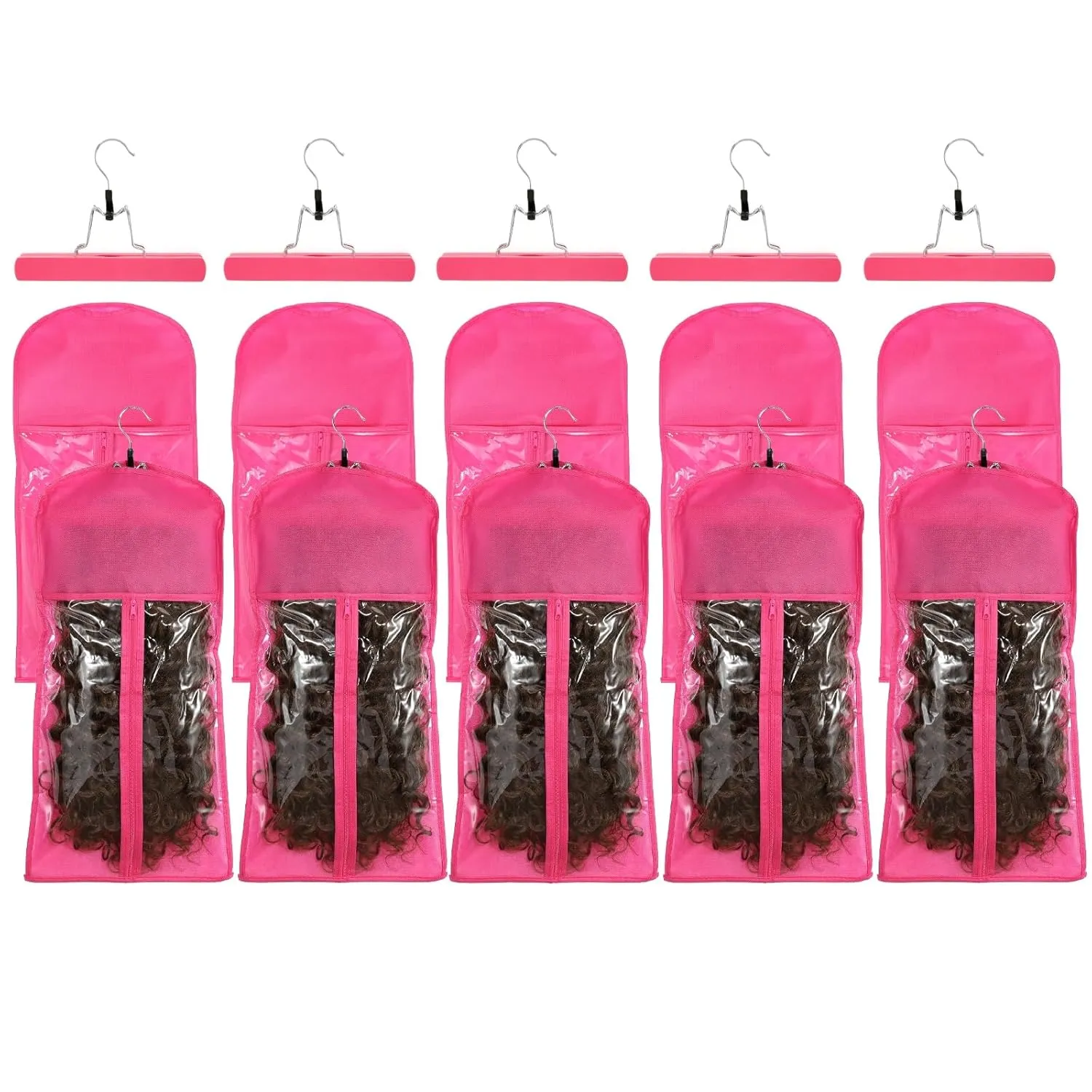 10pcs Hair Extensions Hanger Bags with Wooden Hanger Dust proof Wig Storage Bag Portable Hair Extension Storage Bag Strong Holder Wigs Carrier Bags with Transparent Zip Up Closure -Pink