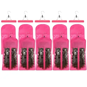 10pcs Hair Extensions Hanger Bags with Wooden Hanger Dust proof Wig Storage Bag Portable Hair Extension Storage Bag Strong Holder Wigs Carrier Bags with Transparent Zip Up Closure -Pink