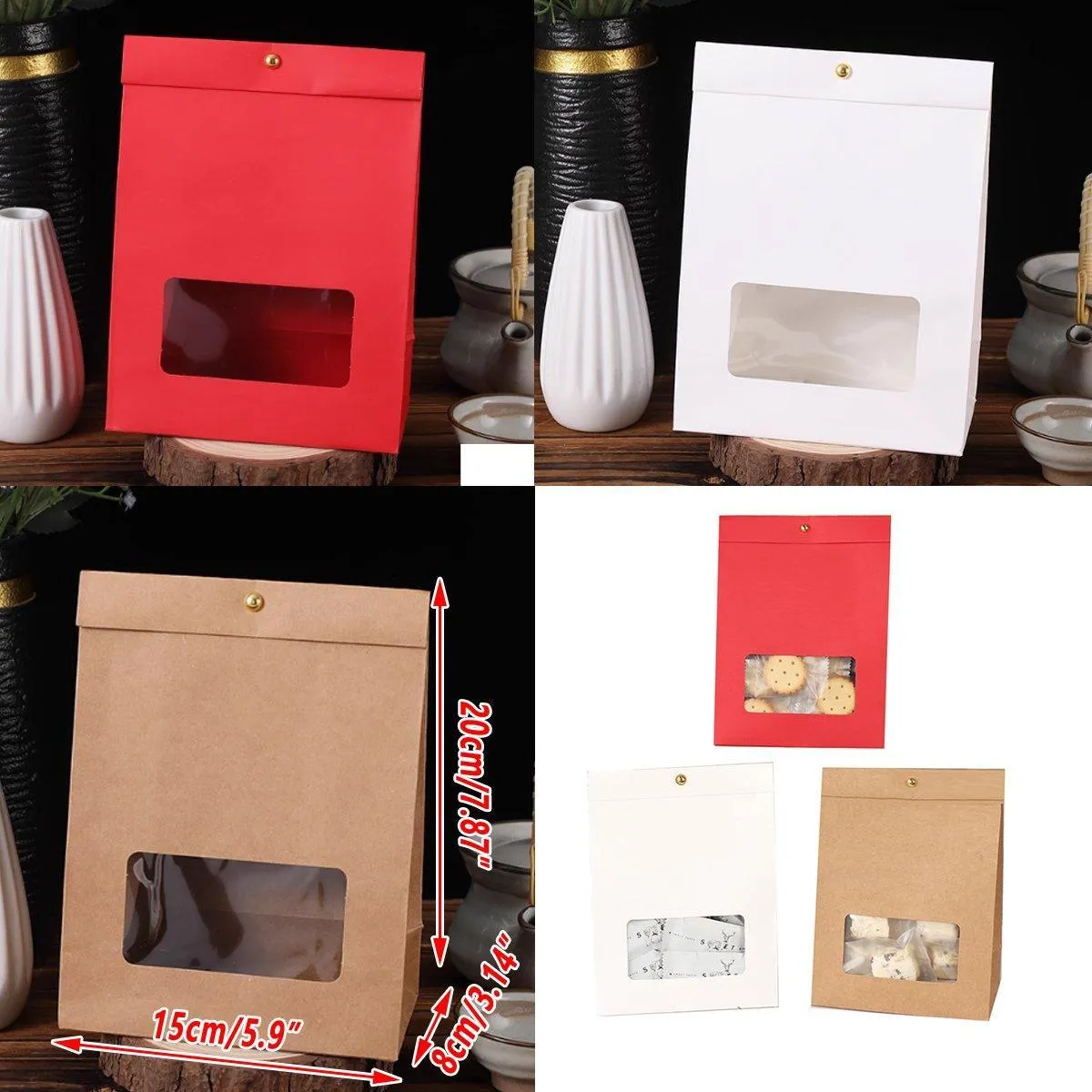 10PCS Snowflake Kraft Paper Candy Bag with Window Biscuit Self Standing Food Bag