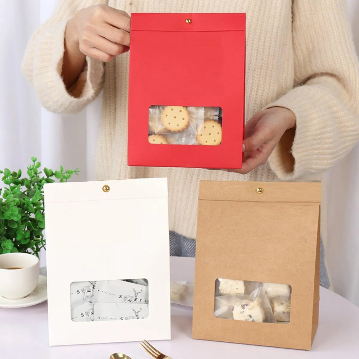 10PCS Snowflake Kraft Paper Candy Bag with Window Biscuit Self Standing Food Bag