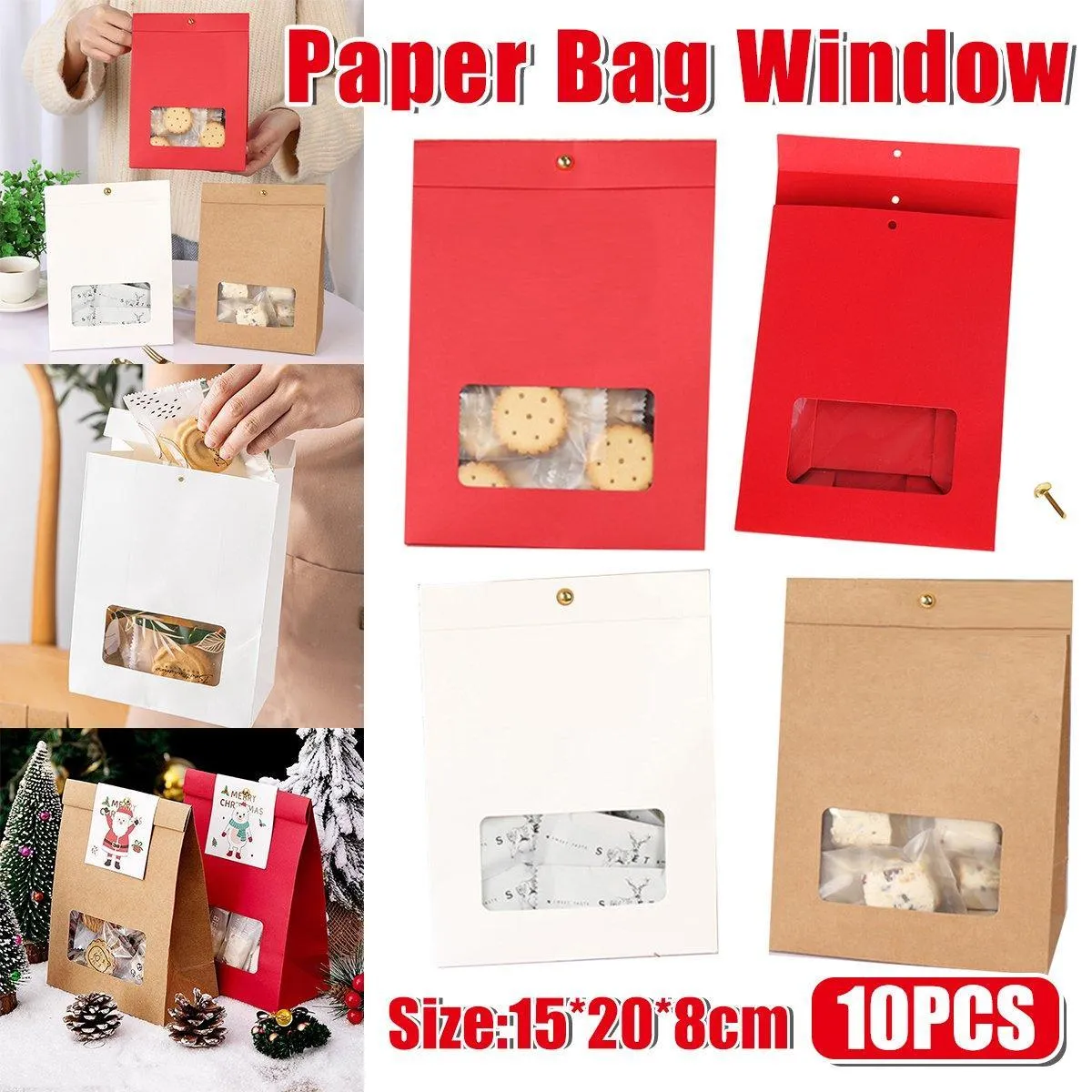 10PCS Snowflake Kraft Paper Candy Bag with Window Biscuit Self Standing Food Bag