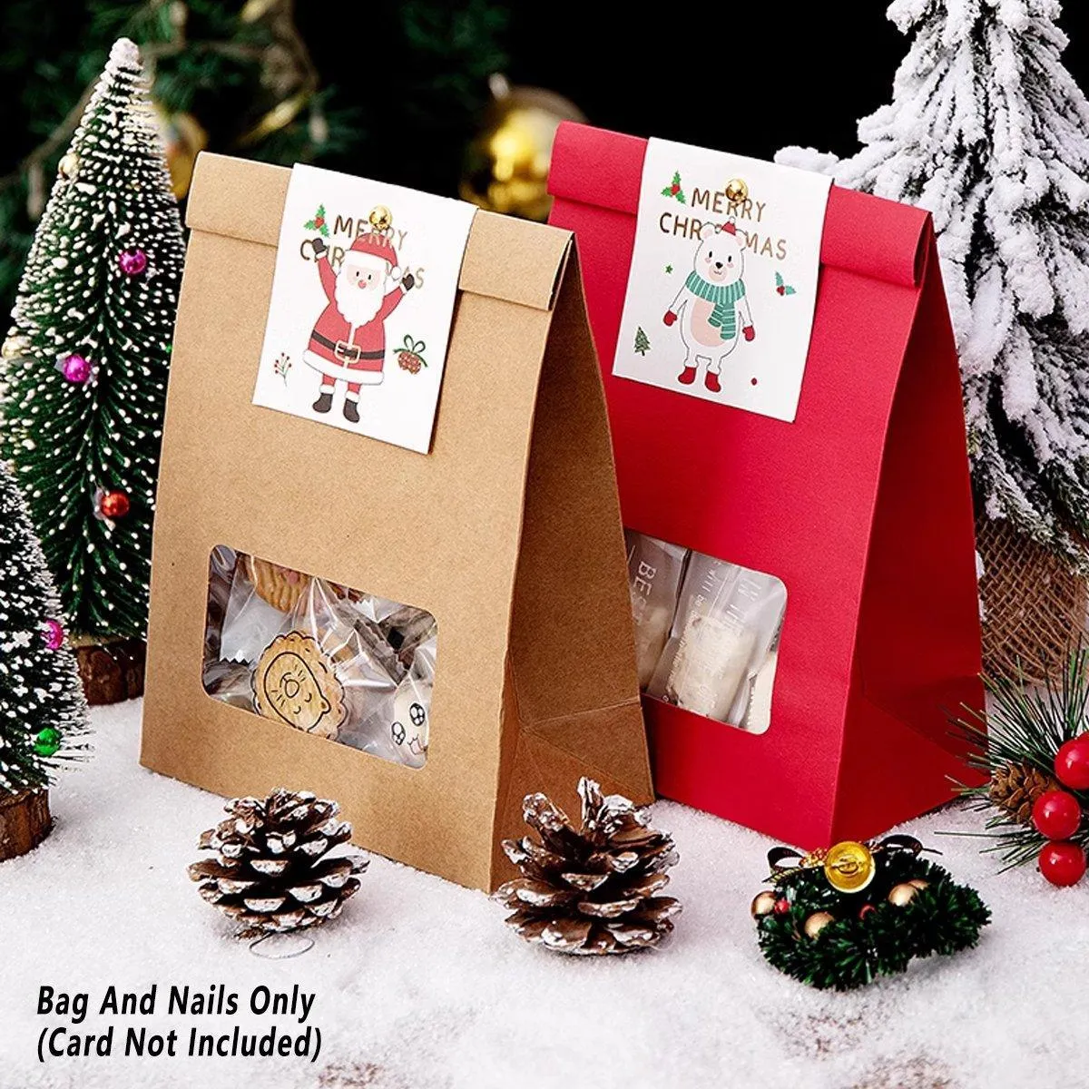 10PCS Snowflake Kraft Paper Candy Bag with Window Biscuit Self Standing Food Bag