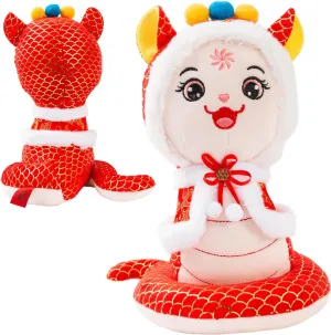 10" Chinese New Year Plush,Lunar New Year Snake Plush Toy with 3D Cape&Cute Expression,Soft and Cute Cartoon Snake Stuffed Plush for Chinese New Year Gifts Blessing,Kids Gifts (Red)