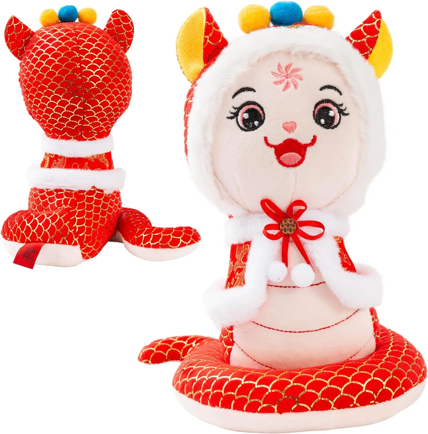 10" Chinese New Year Plush,Lunar New Year Snake Plush Toy with 3D Cape&Cute Expression,Soft and Cute Cartoon Snake Stuffed Plush for Chinese New Year Gifts Blessing,Kids Gifts (Red)