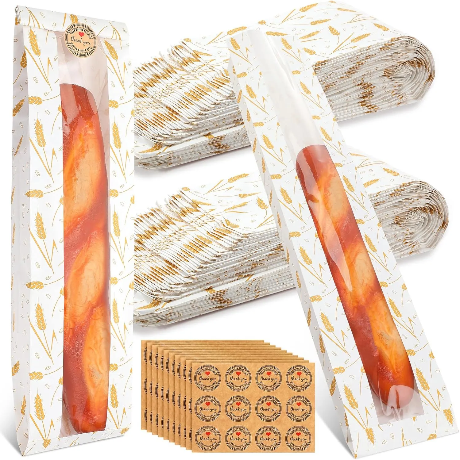 120 Pack Paper Bread Bags with Window for Homemade Bread, Long French Bread Bags Wheat Pattern Kraft Loaf Storage Sacks Bakery Storage Bag with Stickers, 24 x 4.5 x 2 Inch (White Golden)