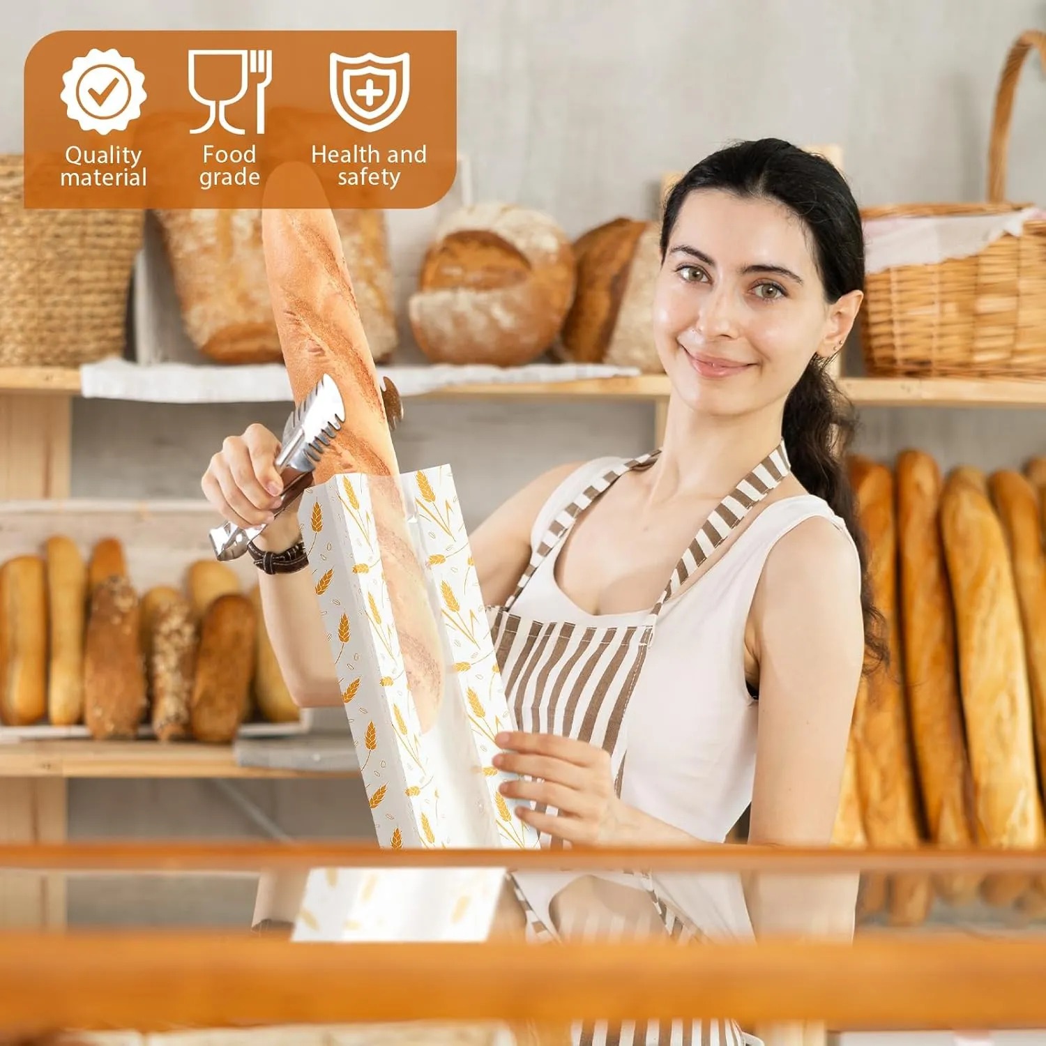 120 Pack Paper Bread Bags with Window for Homemade Bread, Long French Bread Bags Wheat Pattern Kraft Loaf Storage Sacks Bakery Storage Bag with Stickers, 24 x 4.5 x 2 Inch (White Golden)