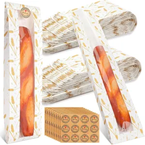 120 Pack Paper Bread Bags with Window for Homemade Bread, Long French Bread Bags Wheat Pattern Kraft Loaf Storage Sacks Bakery Storage Bag with Stickers, 24 x 4.5 x 2 Inch (White Golden)