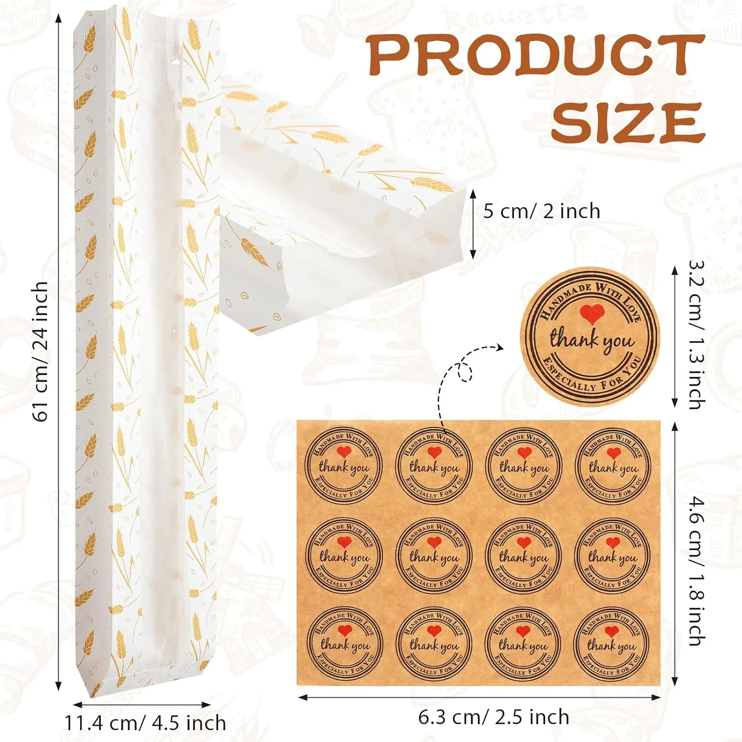 120 Pack Paper Bread Bags with Window for Homemade Bread, Long French Bread Bags Wheat Pattern Kraft Loaf Storage Sacks Bakery Storage Bag with Stickers, 24 x 4.5 x 2 Inch (White Golden)