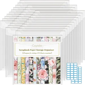 14 Pieces 12x12 Inch Scrapbook Paper Storage Organizer with Large Label Stickers Clear Paper Storage Organizer with Sealing Design Holds Scrapbook Paper, Vinyl Paper