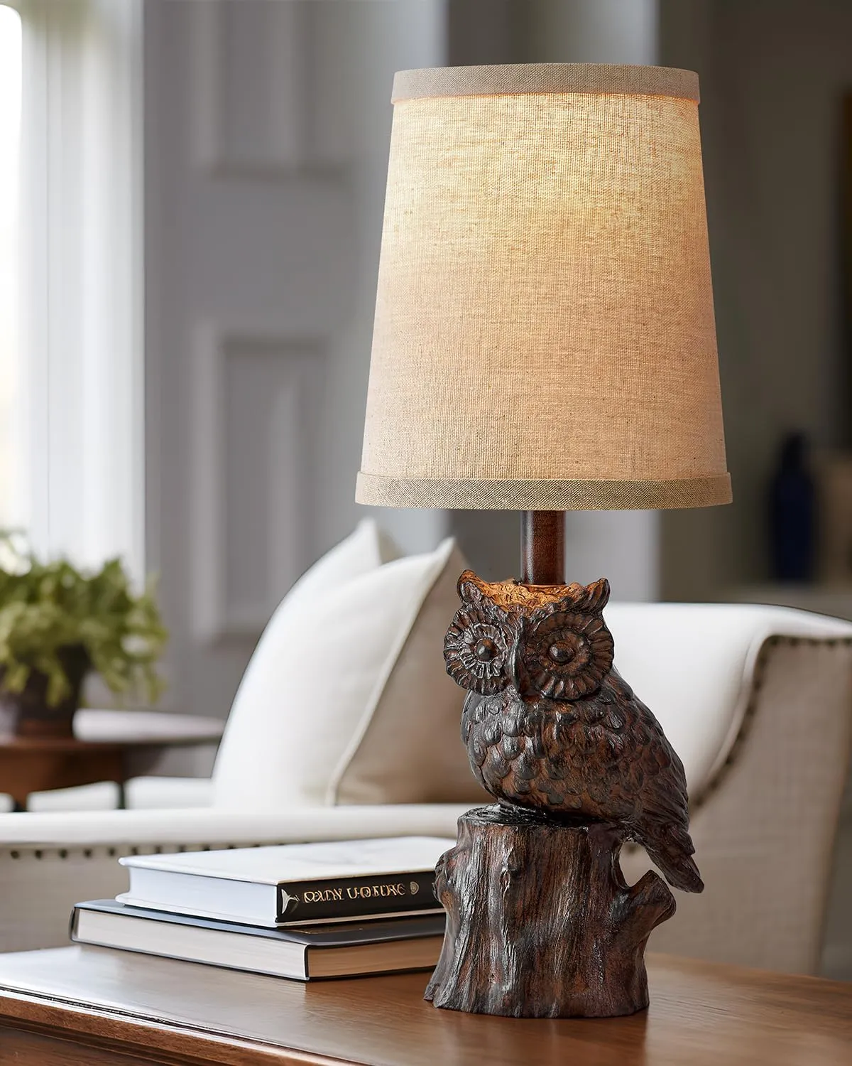 14.25" Small Table Lamp for Living Room Farmhouse Bedside Resin Single Lamp with Brown Owl Lamp Shape for Bedroom Retro Rustic Nightstand Lamp