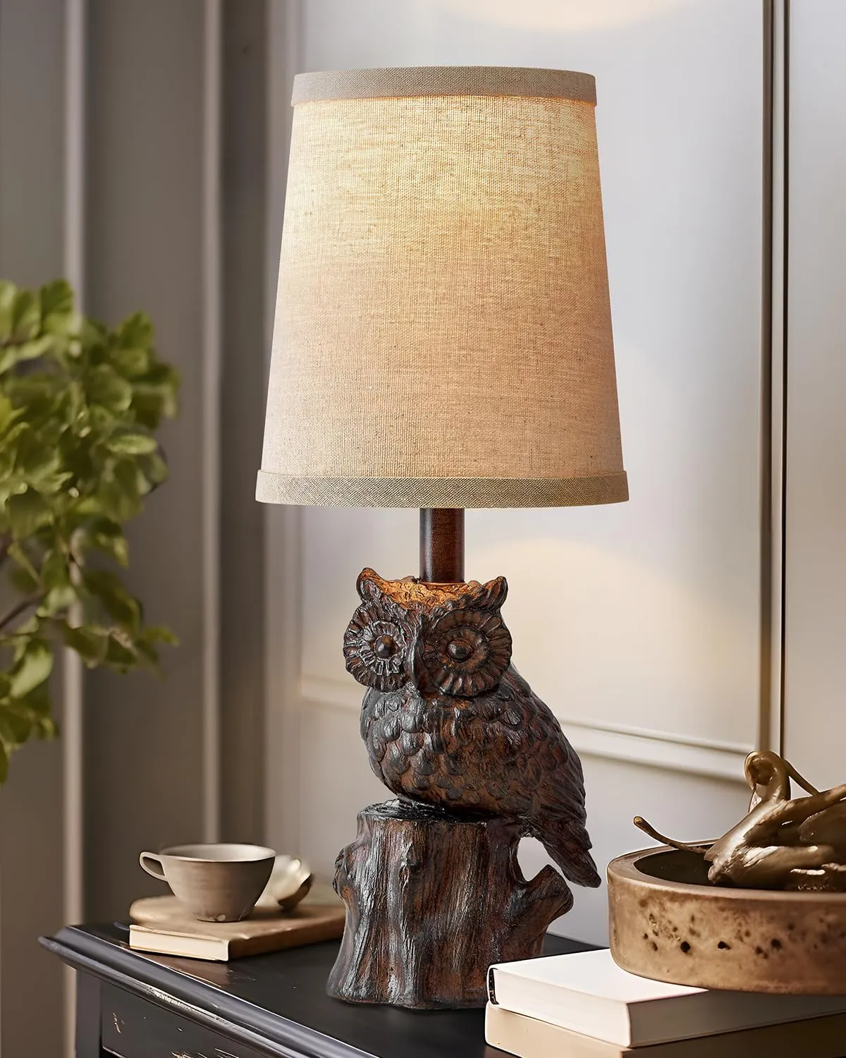 14.25" Small Table Lamp for Living Room Farmhouse Bedside Resin Single Lamp with Brown Owl Lamp Shape for Bedroom Retro Rustic Nightstand Lamp