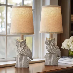 14.25" Small Table Lamps Set of 2 Owl Lamps for Home Decor Rustic Farmhouse Vintage Bedside Table Resin Retro Nightstand, White