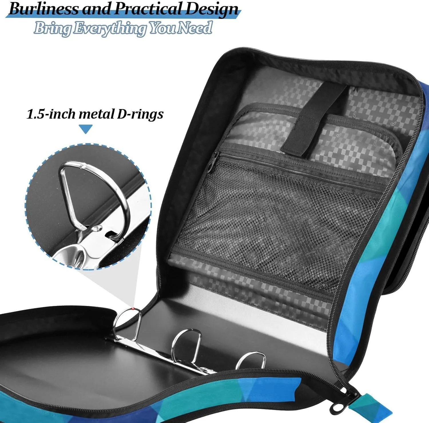 1.5 Inch 3 Rings Binder with Zipper with Handle and Removable Shoulder Strap Easy to Carry Portable Home Travel Safe Storage Bag for Office School Teal Royal Blue Rhomboid