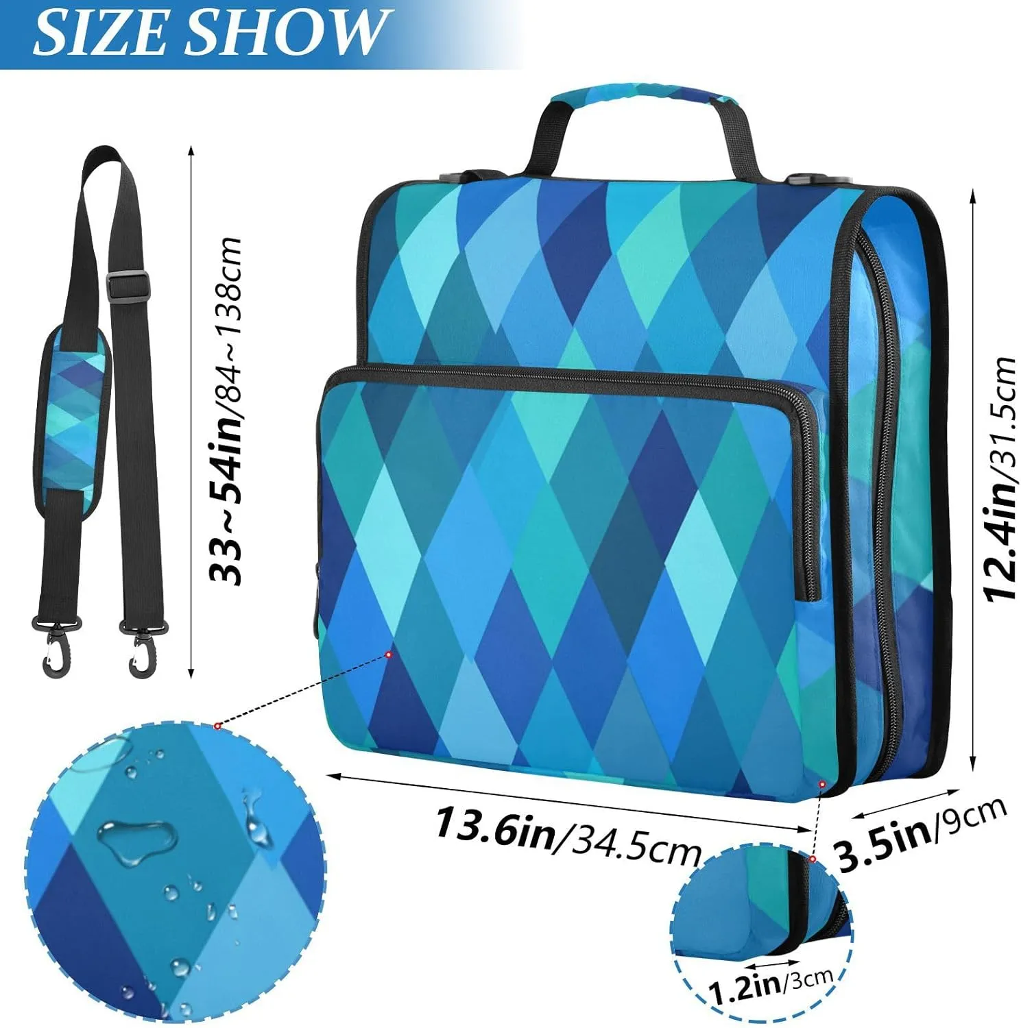 1.5 Inch 3 Rings Binder with Zipper with Handle and Removable Shoulder Strap Easy to Carry Portable Home Travel Safe Storage Bag for Office School Teal Royal Blue Rhomboid
