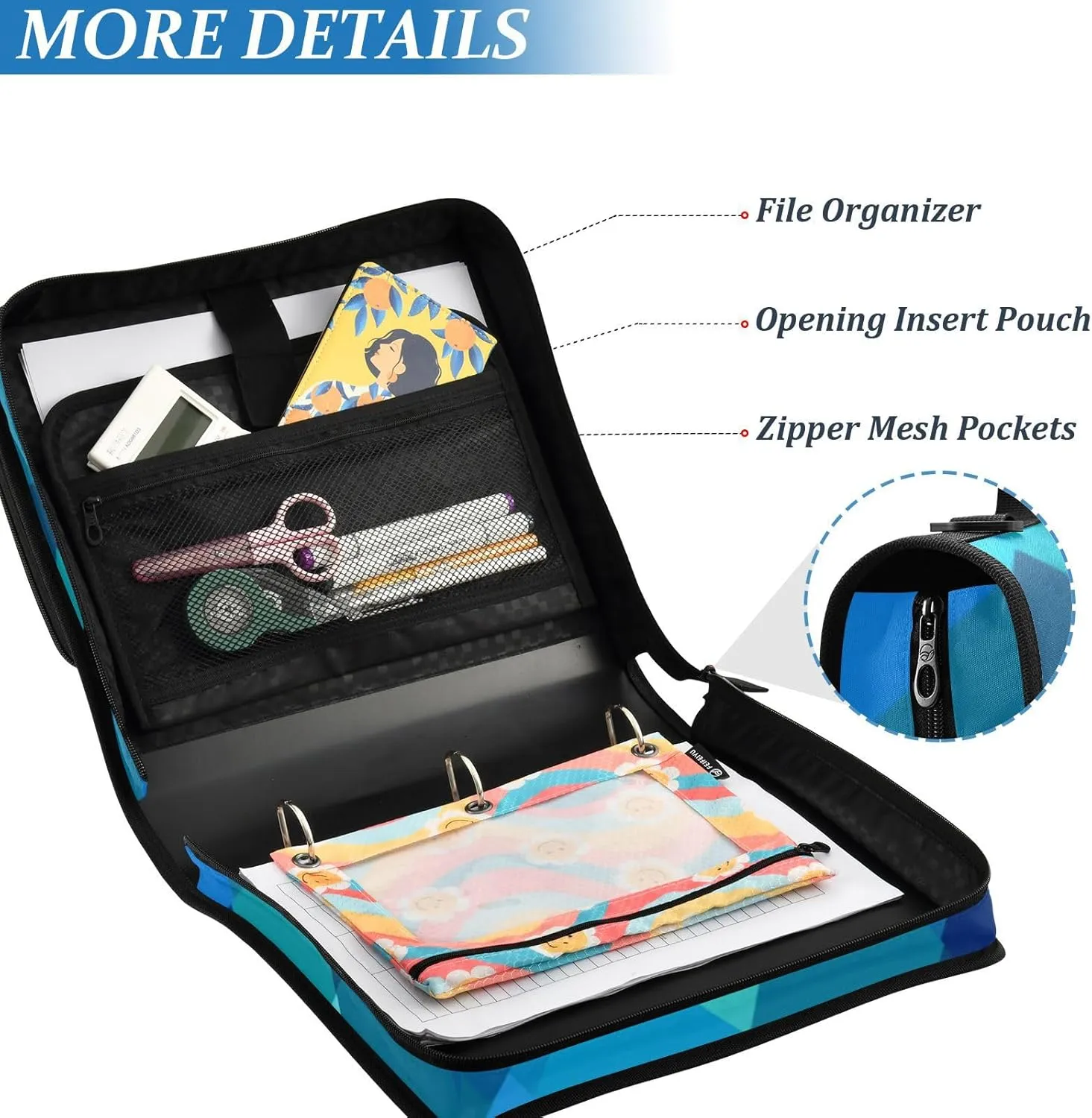 1.5 Inch 3 Rings Binder with Zipper with Handle and Removable Shoulder Strap Easy to Carry Portable Home Travel Safe Storage Bag for Office School Teal Royal Blue Rhomboid