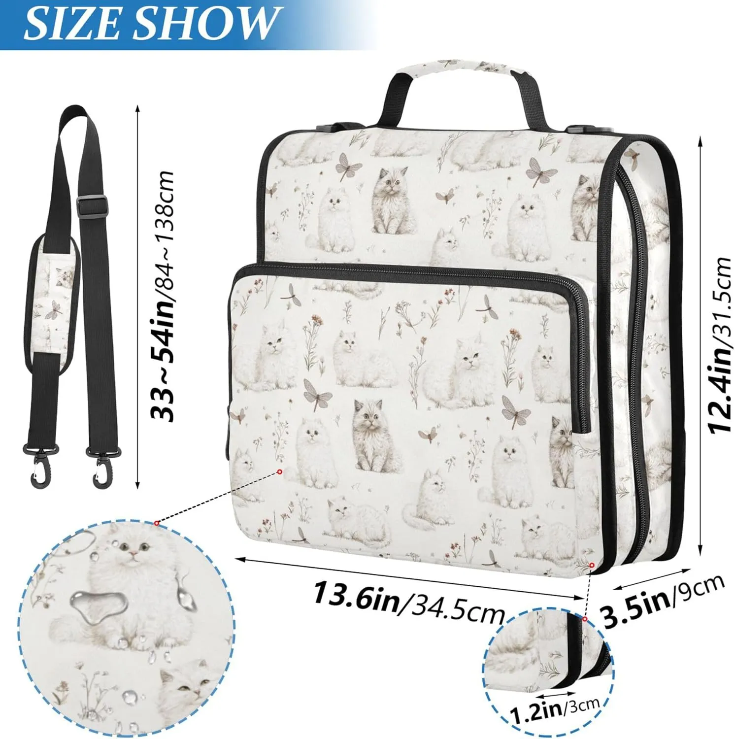 1.5-Inch 3-Rings Zipper Binder with Handle and Removable Shoulder Strap Includes Zip Pocket Documents Files Storage Bag for School and Office Mighty Selkirk Rex Cats White
