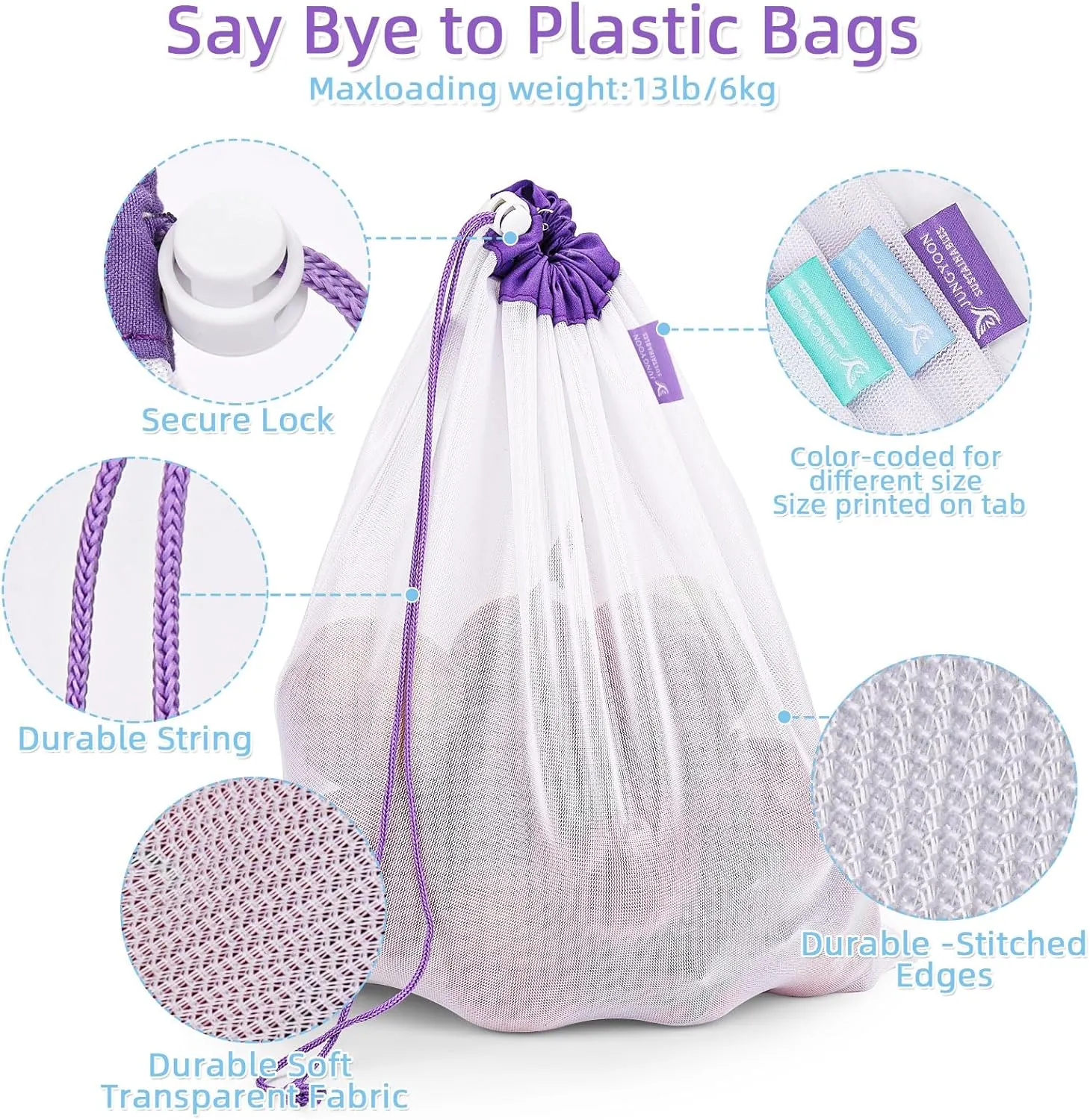 15-Pack ​Reusable Produce Bags & ​Vegetable Bags – Heavy Duty ​Washable Mesh Grocery Bag with Drawstring Closure, Eco-Friendly Storage for Farmers Market, Groceries, Beach & Fridge (L, M, S)