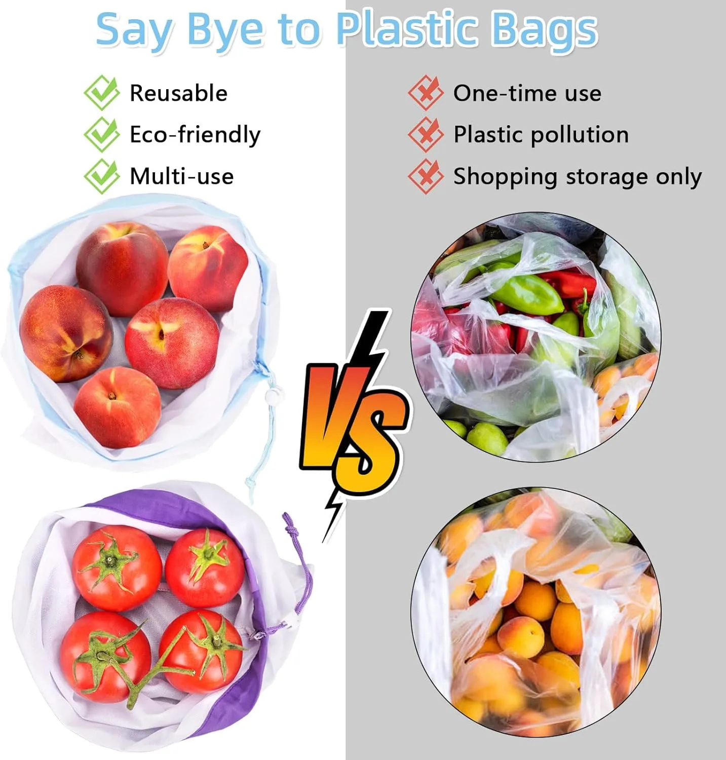 15-Pack ​Reusable Produce Bags & ​Vegetable Bags – Heavy Duty ​Washable Mesh Grocery Bag with Drawstring Closure, Eco-Friendly Storage for Farmers Market, Groceries, Beach & Fridge (L, M, S)