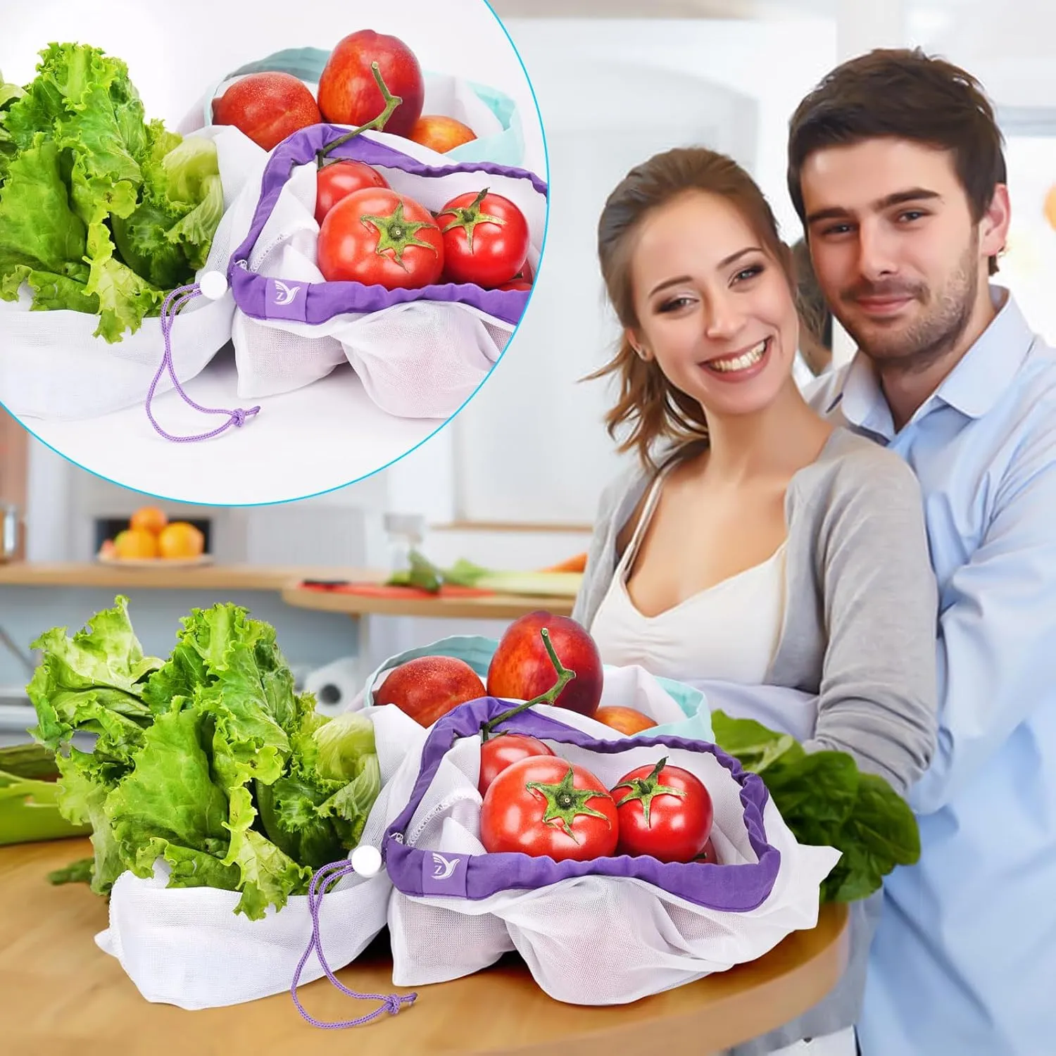 15-Pack ​Reusable Produce Bags & ​Vegetable Bags – Heavy Duty ​Washable Mesh Grocery Bag with Drawstring Closure, Eco-Friendly Storage for Farmers Market, Groceries, Beach & Fridge (L, M, S)