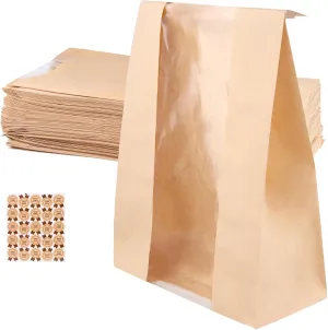 150 Pack 13.7 x 8.2 x 3.5 Inch Pale Brown Kraft Paper Bread Bags with Stickers Bakery Bags, Bakery Storage with Clear Window for Packaging Baked Food Bread Storage