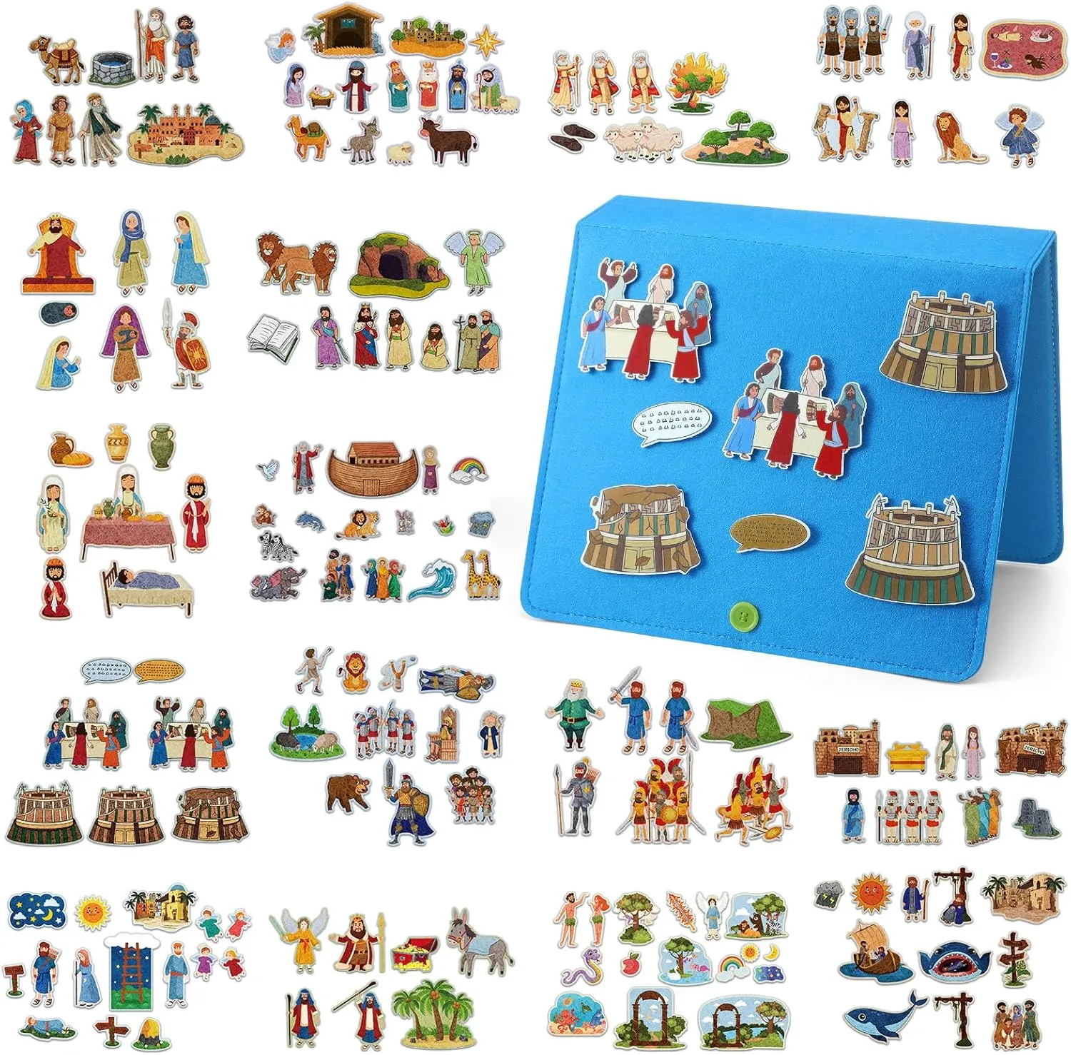 16 Pack Felt Board Story Sets Flannel Felt Story Board Pieces with a Multi Functional Pieces Storage Binder and 16 Pcs Pocket for Activities Time(Bible Stories)