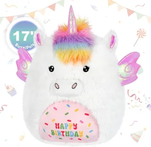 17'' Happy Birthday Unicorn Plush Pillow, Soft & Squishy, White Unicorn Stuffed Animal for Cuddle, Plushie Room Decor, for Girls & Boys