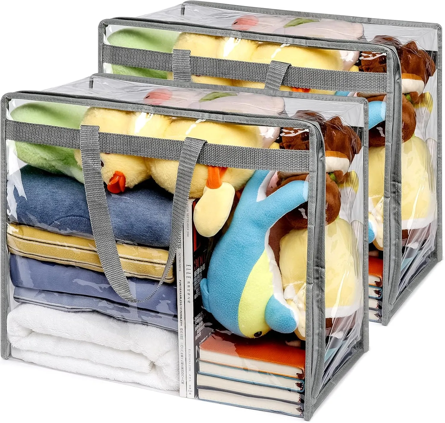 2 Pack Clear Zippered Storage Bags for Clothes - 40L Comforter, Blanket & Bedding Storage, Large Organizer for Clothes and Toys, Closet Organizer Bags (Grey)