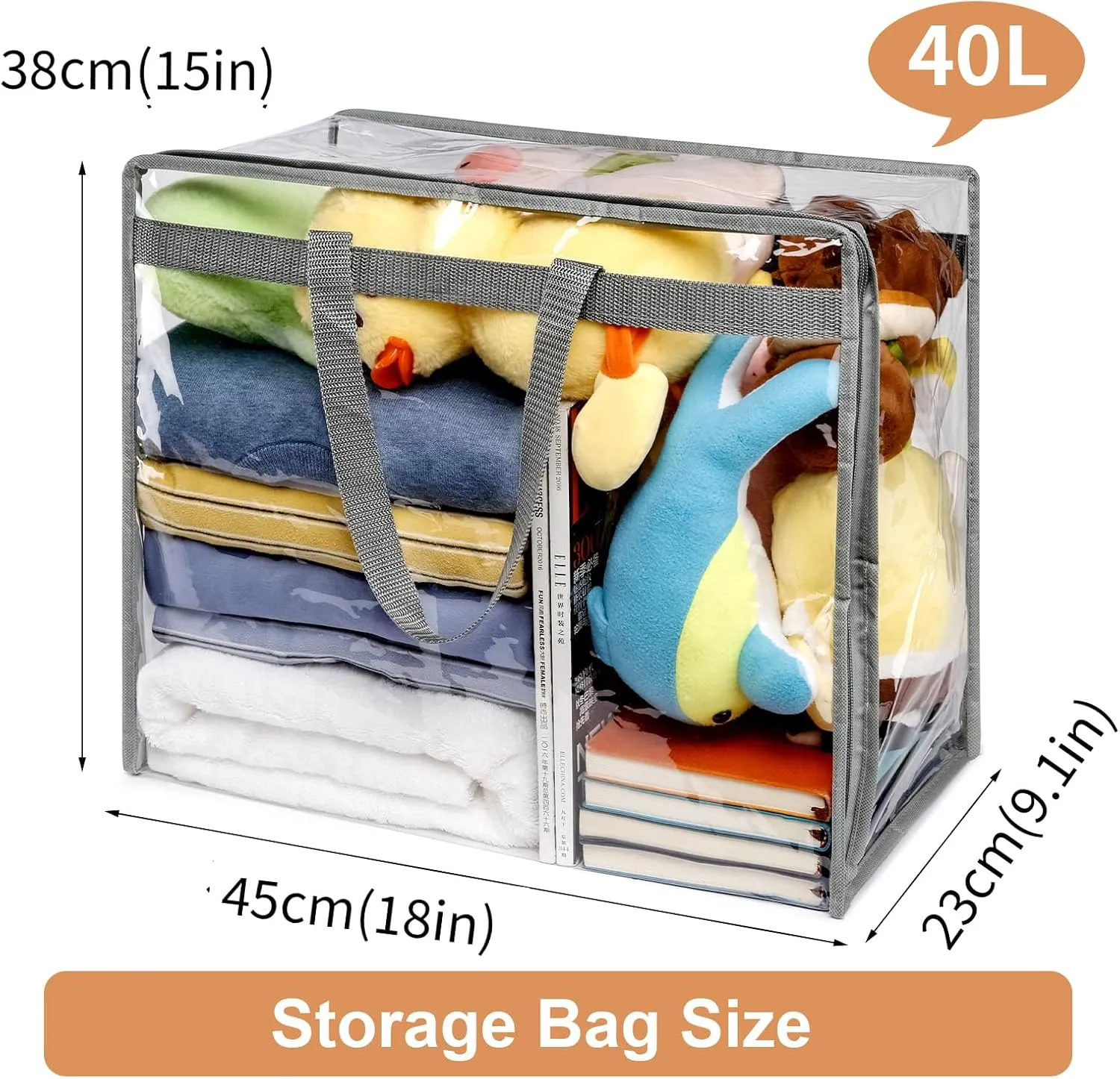 2 Pack Clear Zippered Storage Bags for Clothes - 40L Comforter, Blanket & Bedding Storage, Large Organizer for Clothes and Toys, Closet Organizer Bags (Grey)