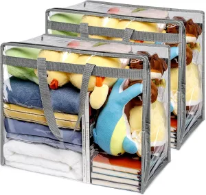 2 Pack Clear Zippered Storage Bags for Clothes - 40L Comforter, Blanket & Bedding Storage, Large Organizer for Clothes and Toys, Closet Organizer Bags (Grey)