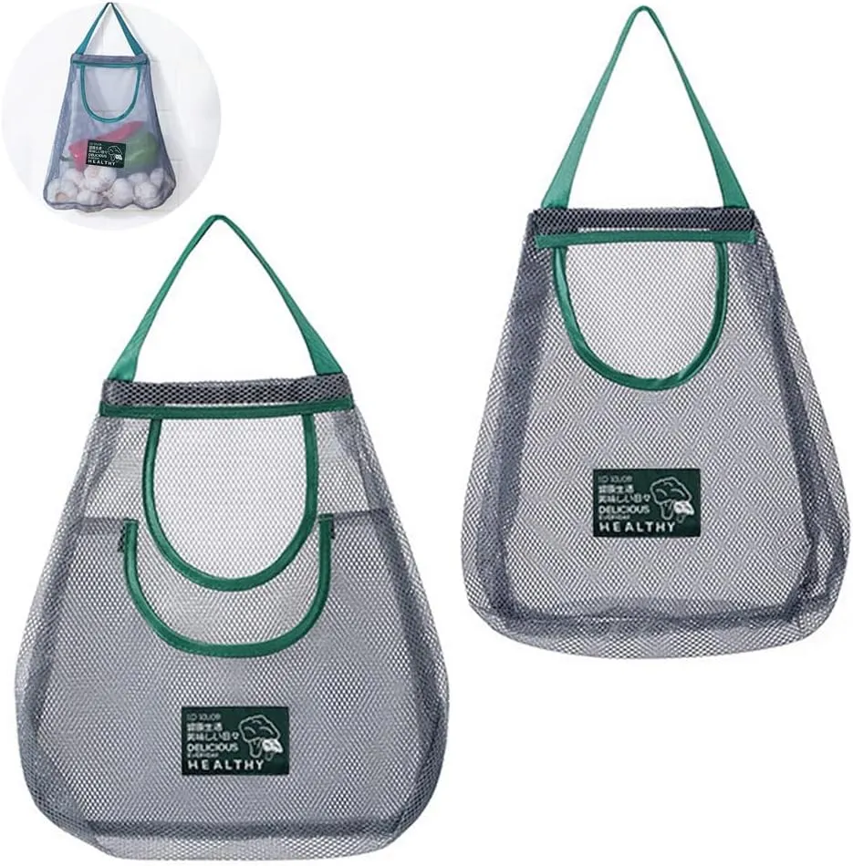 2 Pack Hanging Mesh Storage Bags (Single   Dual Pocket) Reusable Produce Bags for Kitchen Storage Fruits, Onions, Garlic & Vegetables, Breathable Shopping Storage Handbag