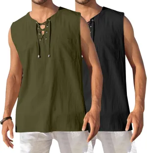 2 Pack Linen Shirts for Men Sleeveless Lace Up V Neck Tank Tops with Chest Pocket Casual Summer Beach Henley Shirt