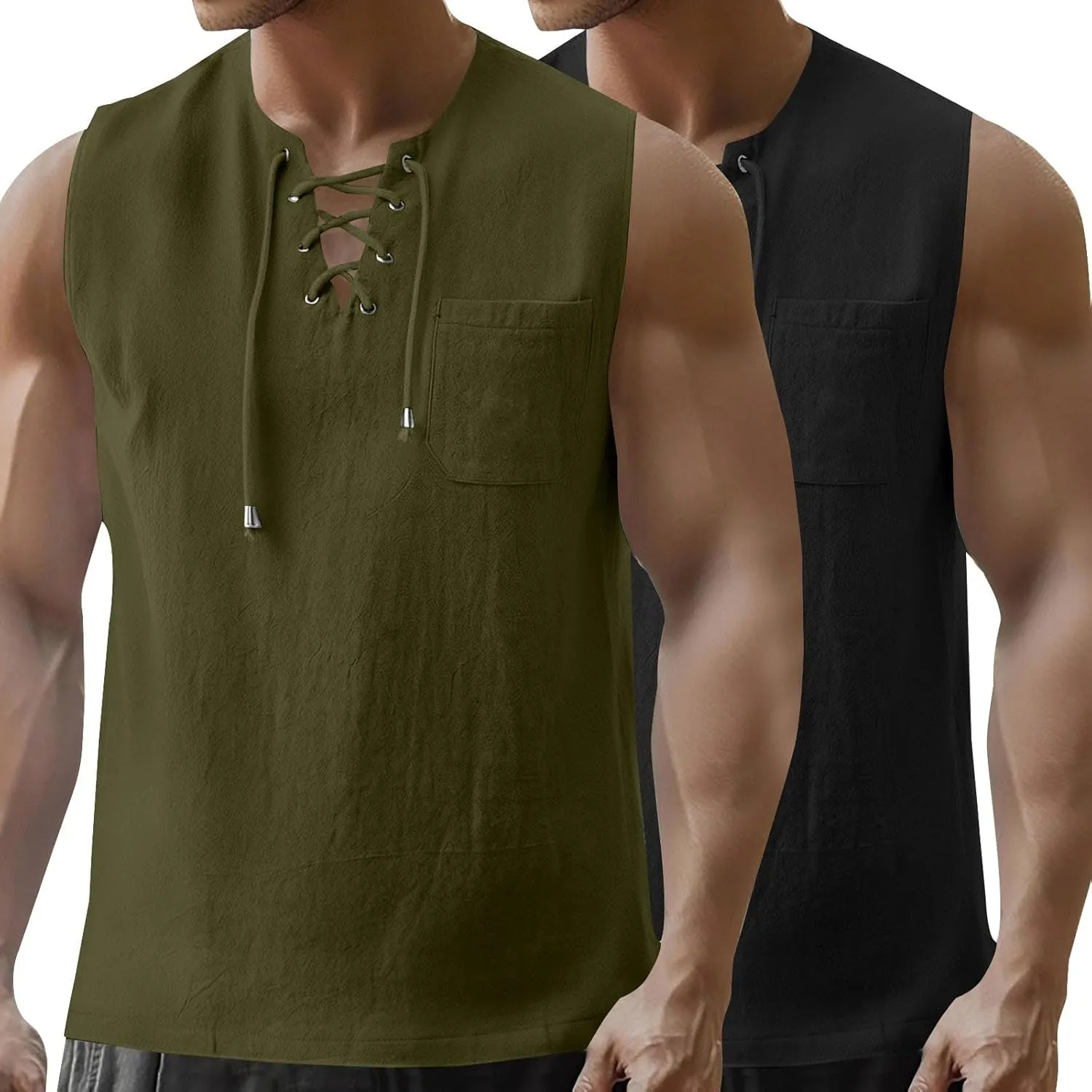 2 Pack Linen Shirts for Men Sleeveless Lace Up V Neck Tank Tops with Chest Pocket Casual Summer Beach Henley Shirt