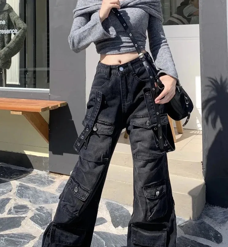 2000s Y2K Streetwear Washed Black Baggy Cargo Jeans Women Wide Leg