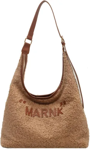 2024 Fashion Lamb Wool Tote Bag Women Cozy Furry Shoulder Bag Adjustable PU Strap Magnetic Closure Commuter Handbag