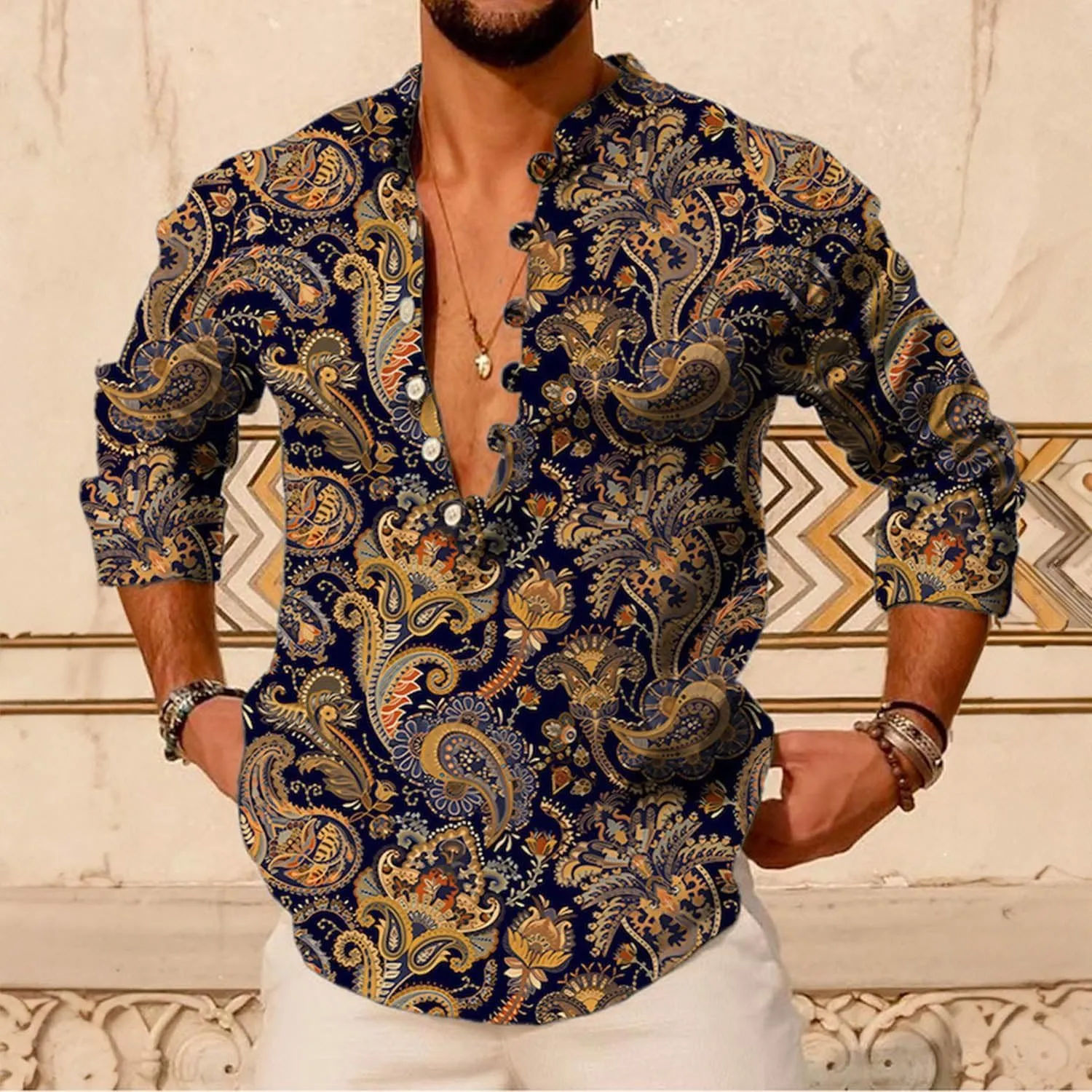 2024 Linen Shirts for Men Henley Long Sleeve Casual Banded Collar Button Vintage Beach Hawaiian T Shirt