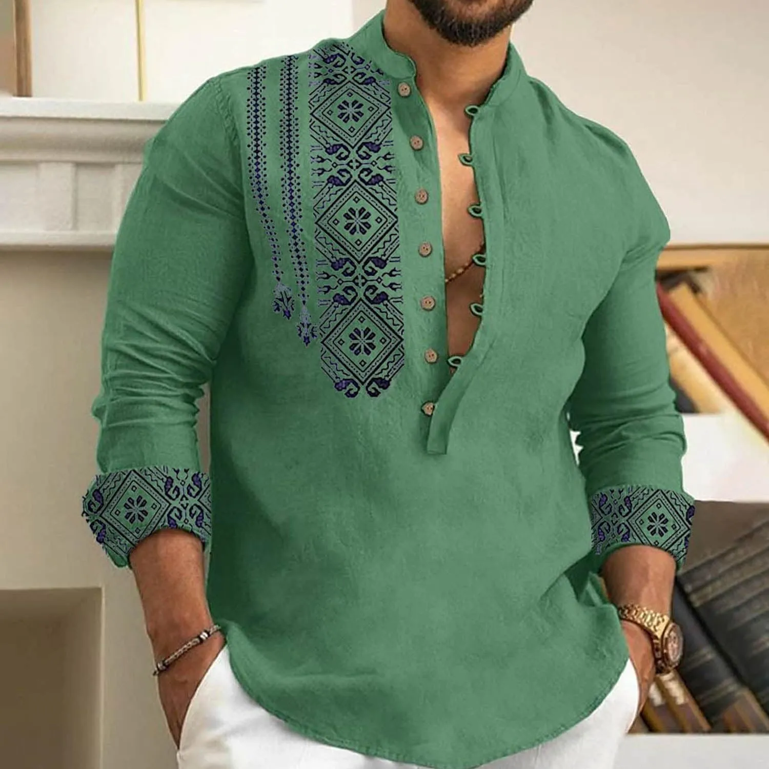 2024 Linen Shirts for Men Henley Long Sleeve Casual Banded Collar Button Vintage Beach Hawaiian T Shirt