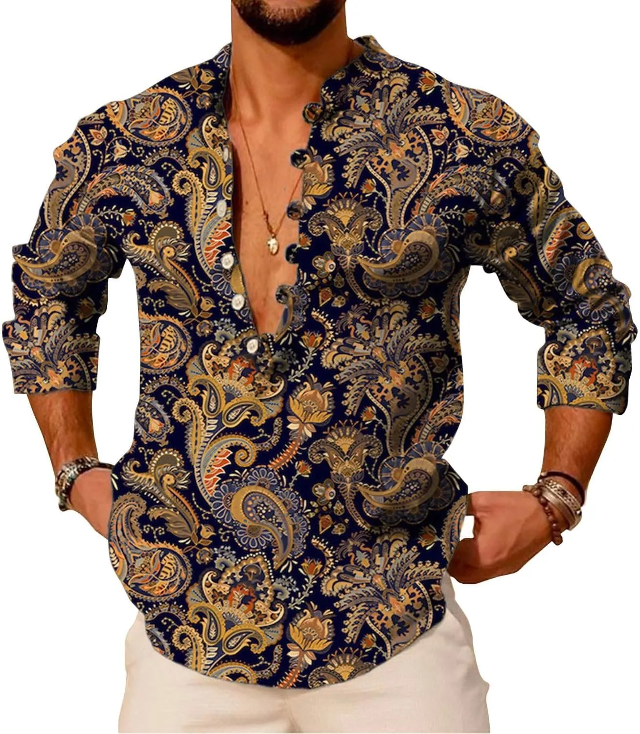 2024 Linen Shirts for Men Henley Long Sleeve Casual Banded Collar Button Vintage Beach Hawaiian T Shirt
